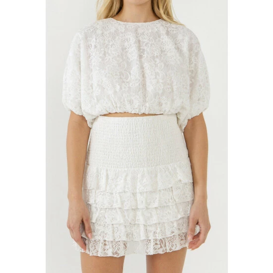 Endless Rose Laced Bubble Cropped Blouse Tops White - Image 5