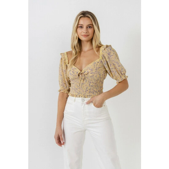Endless Rose Floral Chiffon Lace Trim Top Tops Yellow Multi