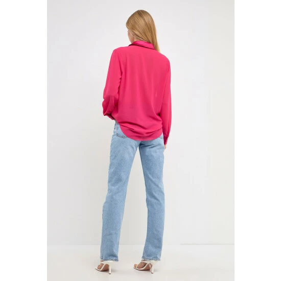 Endless Rose Satin Chiffon Dress Shirt Tops Magenta - Image 8