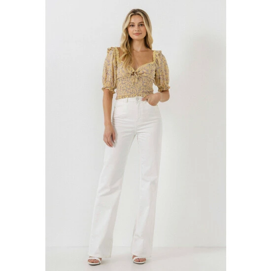 Endless Rose Floral Chiffon Lace Trim Top Tops Yellow Multi - Image 2