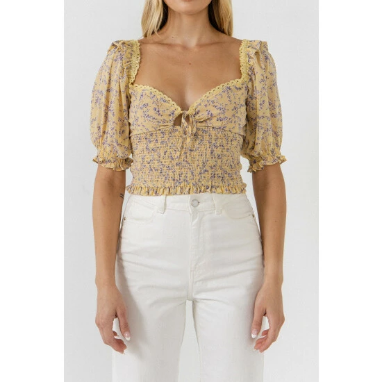 Endless Rose Floral Chiffon Lace Trim Top Tops Yellow Multi - Image 5
