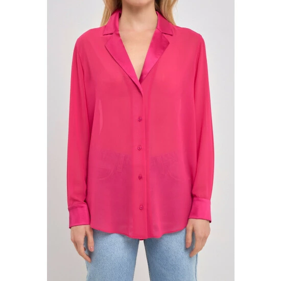Endless Rose Satin Chiffon Dress Shirt Tops Magenta - Image 9