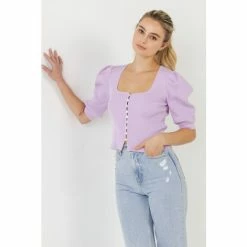 Endless Rose Puff Short Sleeve Button Front Sweater Top Tops Lilac