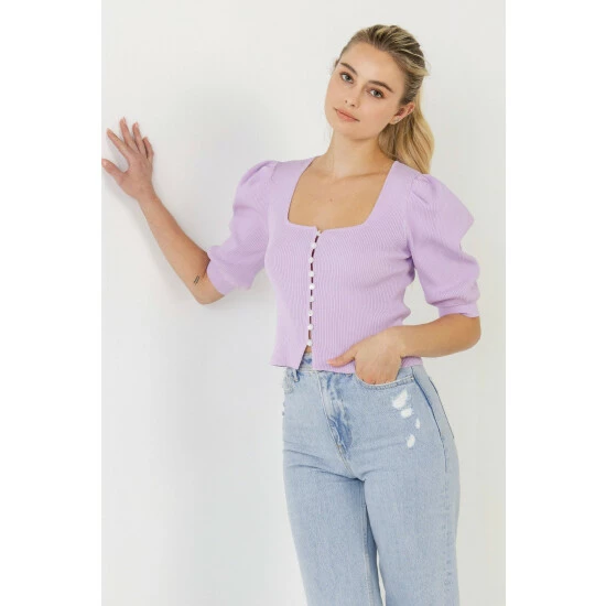 Endless Rose Puff Short Sleeve Button Front Sweater Top Tops Lilac 1 Endless Rose Puff Short Sleeve Button Front Sweater Top Tops Lilac