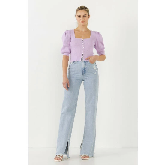 Endless Rose Puff Short Sleeve Button Front Sweater Top Tops Lilac 2 Endless Rose Puff Short Sleeve Button Front Sweater Top Tops Lilac - Image 2