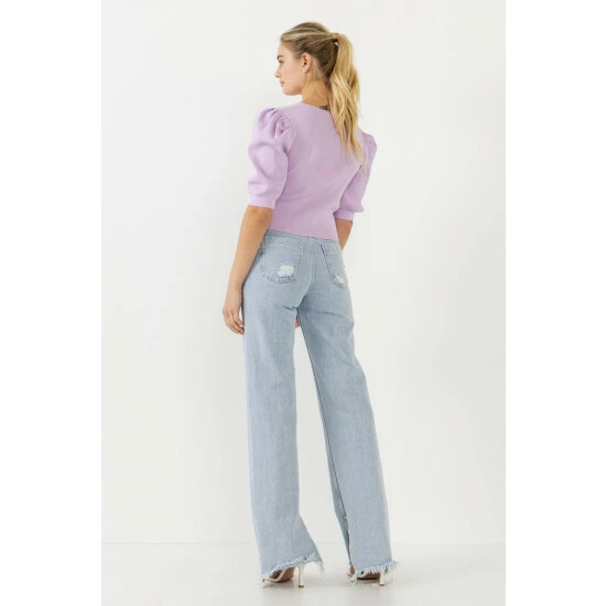 Endless Rose Puff Short Sleeve Button Front Sweater Top Tops Lilac 3 Endless Rose Puff Short Sleeve Button Front Sweater Top Tops Lilac - Image 3
