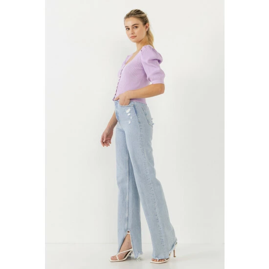 Endless Rose Puff Short Sleeve Button Front Sweater Top Tops Lilac 4 Endless Rose Puff Short Sleeve Button Front Sweater Top Tops Lilac - Image 4