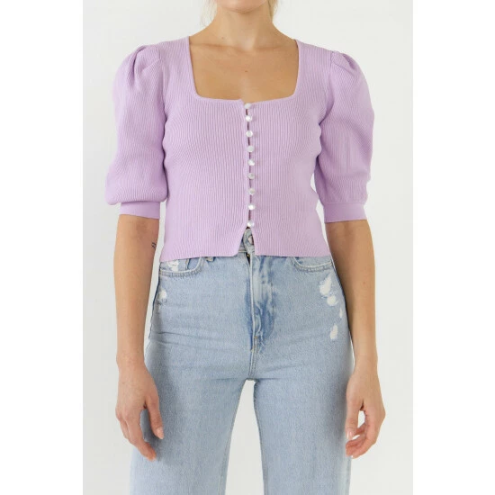 Endless Rose Puff Short Sleeve Button Front Sweater Top Tops Lilac 5 Endless Rose Puff Short Sleeve Button Front Sweater Top Tops Lilac - Image 5