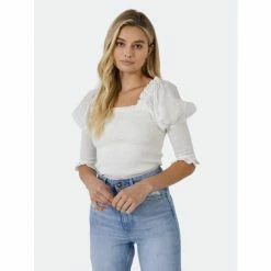 Endless Rose Quarter Sleeve Smocked Puff Sleeve Top Tops White