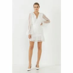 Endless Rose Swiss Dot Ruched Dress Dresses White