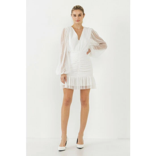 Endless Rose Swiss Dot Ruched Dress Dresses White