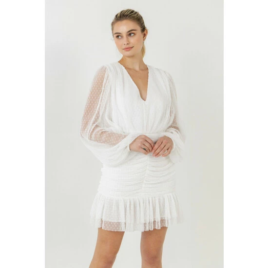 Endless Rose Swiss Dot Ruched Dress Dresses White - Image 4