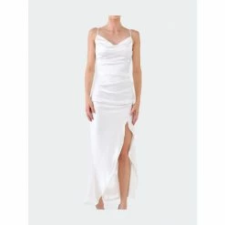 Endless Rose Ruched Asymmetrical Satin Slip Maxi Dresss Dresses White