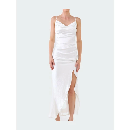 Endless Rose Ruched Asymmetrical Satin Slip Maxi Dresss Dresses White