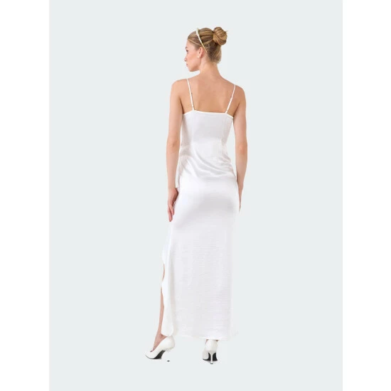 Endless Rose Ruched Asymmetrical Satin Slip Maxi Dresss Dresses White - Image 5