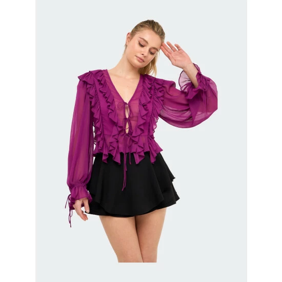 Endless Rose Multi Ruffled Long Sleeve Blouse Tops Black - Image 4