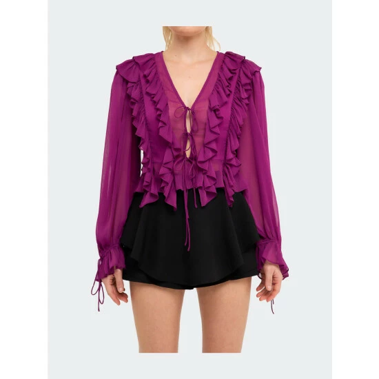 Endless Rose Multi Ruffled Long Sleeve Blouse Tops Black - Image 5