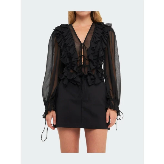 Endless Rose Multi Ruffled Long Sleeve Blouse Tops Black - Image 9