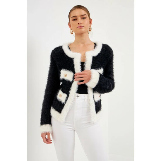 Endless Rose Shank Button With Color Block Cardigan Sweatshirts & Sweaters Fuchsia Combo