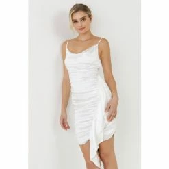 Endless Rose Asymmetrical Waterfall Drapped Satin Dresses White