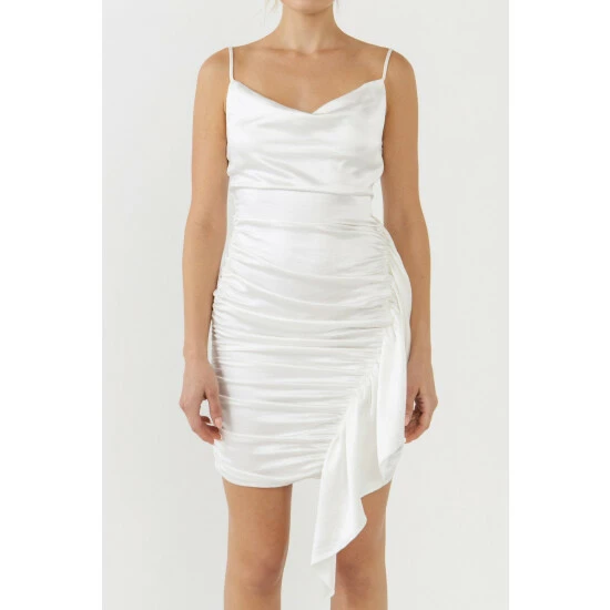 Endless Rose Asymmetrical Waterfall Drapped Satin Dresses White - Image 5