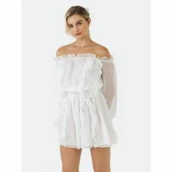 Endless Rose Off The Shoulder Ruffled Romper Jumpsuits & Rompers White