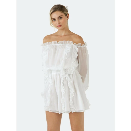Endless Rose Off The Shoulder Ruffled Romper Jumpsuits & Rompers White