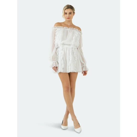 Endless Rose Off The Shoulder Ruffled Romper Jumpsuits & Rompers White - Image 2