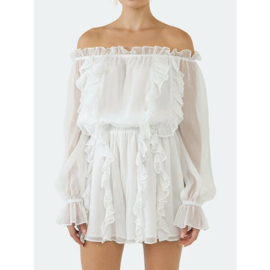 Endless Rose Off The Shoulder Ruffled Romper Jumpsuits & Rompers White - Image 5