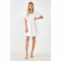Endless Rose Pleated Detail Puff Sleeve Mini Dress Dresses White