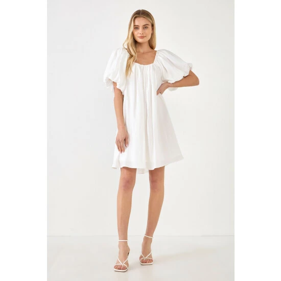 Endless Rose Pleated Detail Puff Sleeve Mini Dress Dresses White