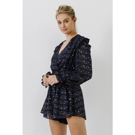 Endless Rose Shiny Dotted Chiffon Romper Jumpsuits & Rompers Navy - Image 3