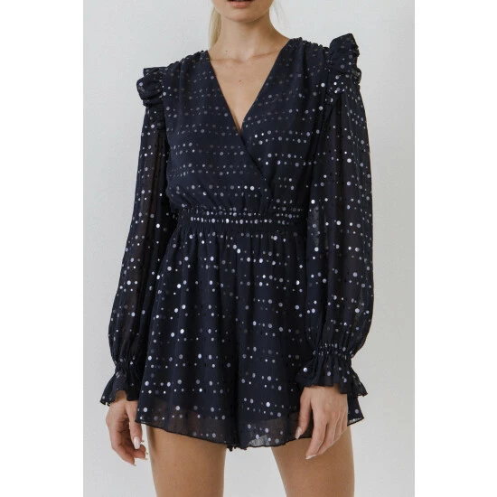 Endless Rose Shiny Dotted Chiffon Romper Jumpsuits & Rompers Navy - Image 5