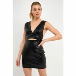 Endless Rose Stretch PU Cut-Out Mini Dress Dresses Black