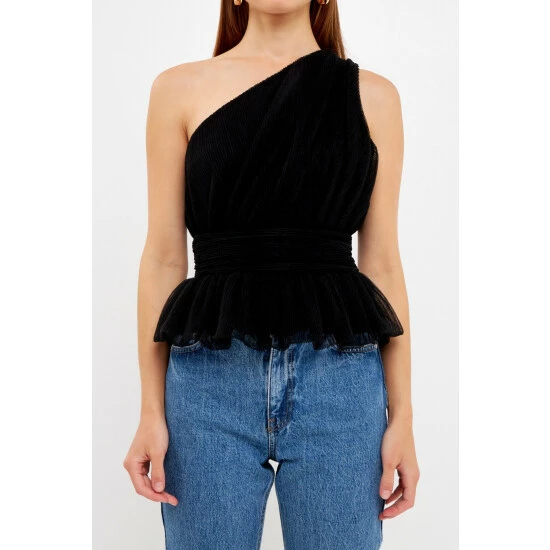 Endless Rose One Shoulder Shirred Tulle Top - Black Tops