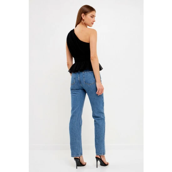 Endless Rose One Shoulder Shirred Tulle Top - Black Tops - Image 4