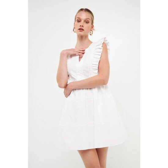 Endless Rose Lace Trimmed V Placketed Ruffled Mini Dresses Off White