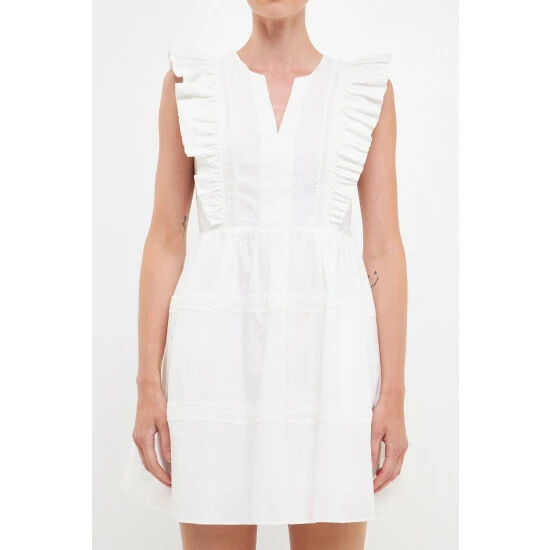 Endless Rose Lace Trimmed V Placketed Ruffled Mini Dresses Off White - Image 5