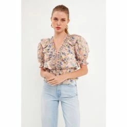 Endless Rose Ruffle Bodice Top With Puff Sleeves Tops Pink Multi