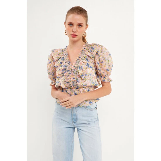 Endless Rose Ruffle Bodice Top With Puff Sleeves Tops Pink Multi