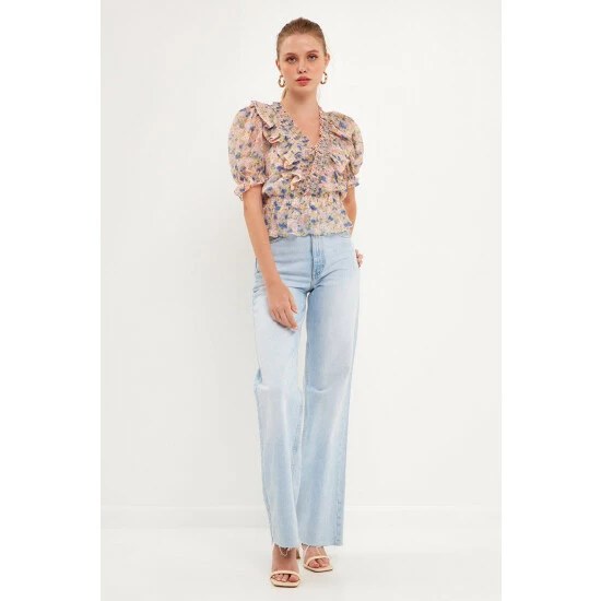 Endless Rose Ruffle Bodice Top With Puff Sleeves Tops Pink Multi - Image 2