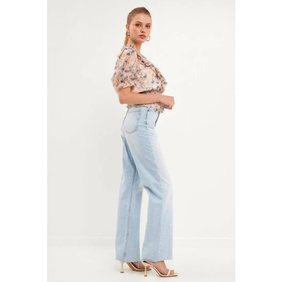 Endless Rose Ruffle Bodice Top With Puff Sleeves Tops Pink Multi - Image 3