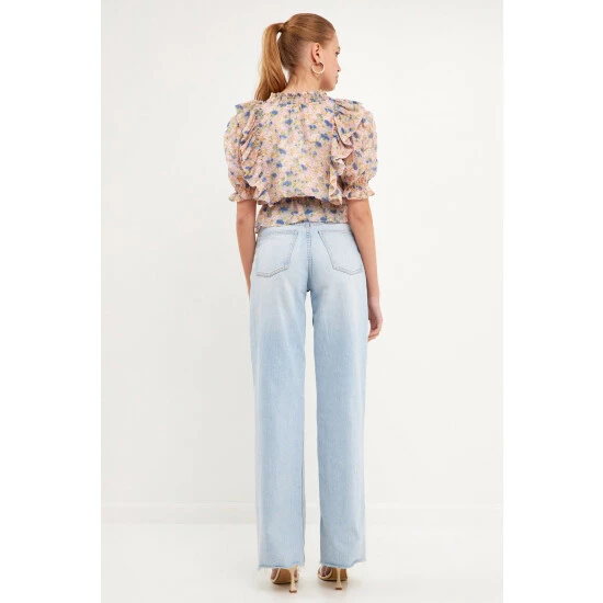 Endless Rose Ruffle Bodice Top With Puff Sleeves Tops Pink Multi - Image 4