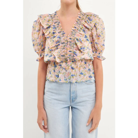 Endless Rose Ruffle Bodice Top With Puff Sleeves Tops Pink Multi - Image 5