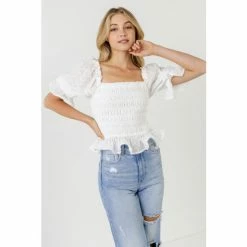 Endless Rose All Over Embroidered Lace Smocked Top Tops White