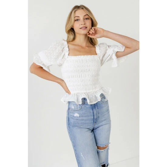 Endless Rose All Over Embroidered Lace Smocked Top Tops White
