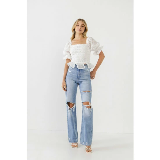 Endless Rose All Over Embroidered Lace Smocked Top Tops White - Image 2