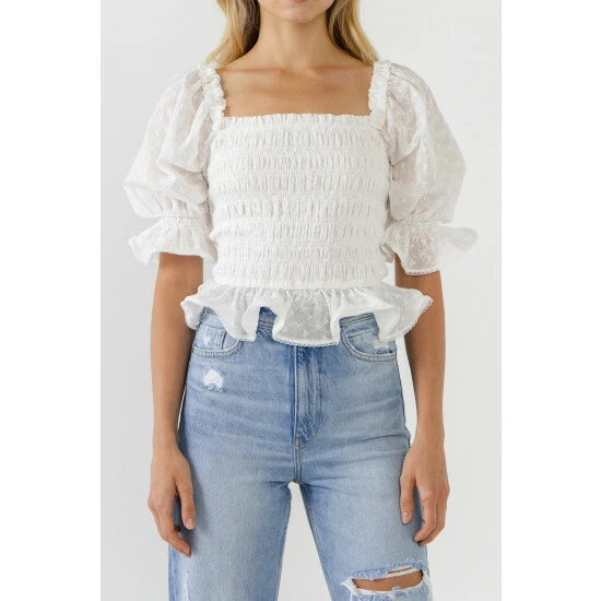 Endless Rose All Over Embroidered Lace Smocked Top Tops White - Image 5